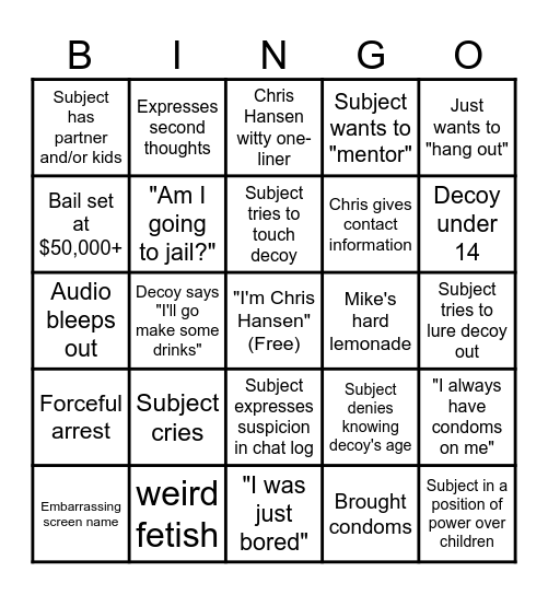 To Catch a Predator Bingo Card