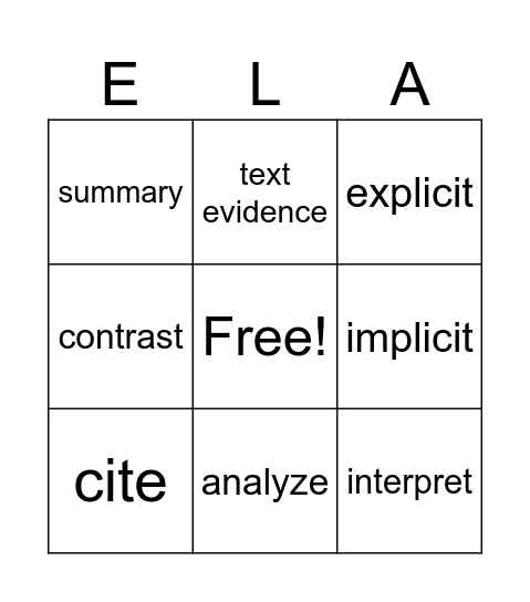 Standards Vocabulary Bingo Card