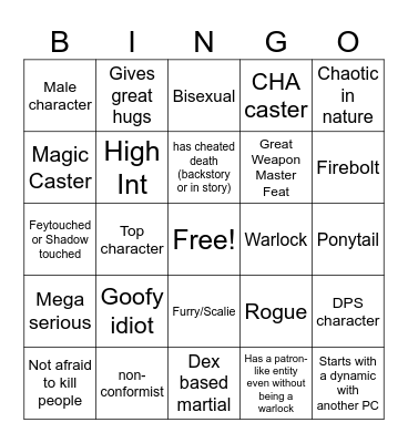 Mystyk DND character Bingo Card