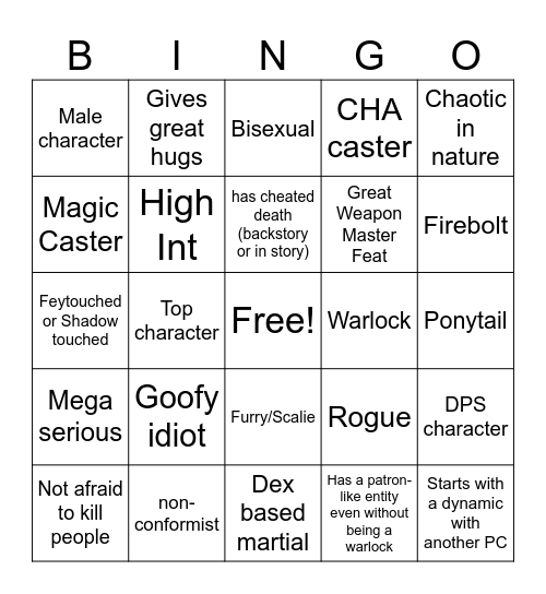 Mystyk DND character Bingo Card