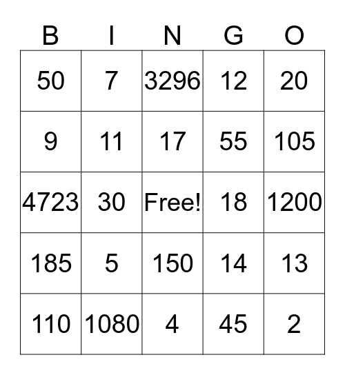 Number Bingo Card
