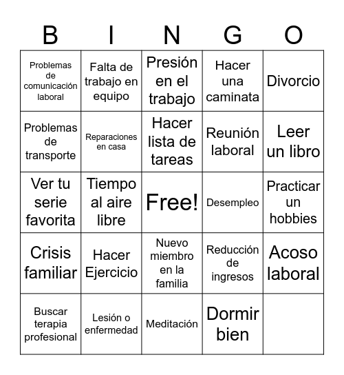 Bingo del estrés Bingo Card