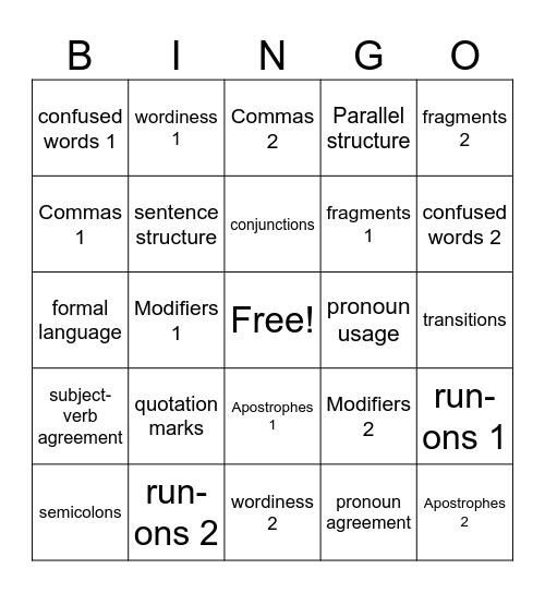 Grammar/Mechanics Bingo Card