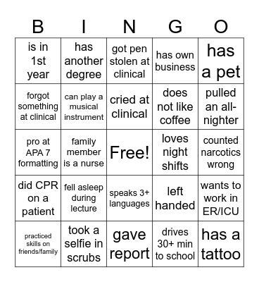 NURSING STUDENT BINGO Card