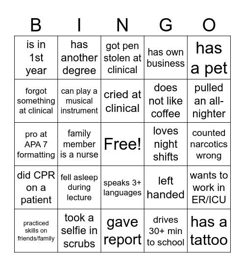 NURSING STUDENT BINGO Card