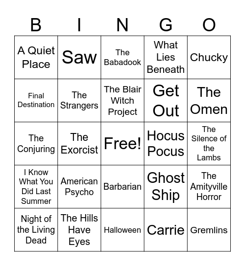 SPOOKY MOVIE BINGO Card