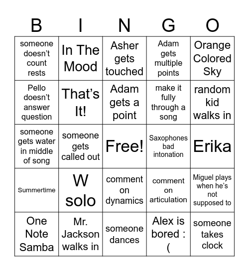 Jazz band Bingo Card