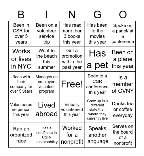 CVNY Networking Bingo Card