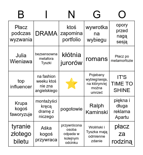 TOP MODEL Bingo Card