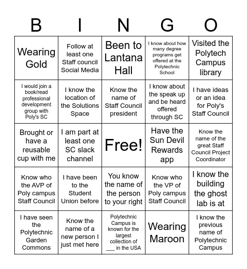 Polytechnic Staff Council Bingo Card