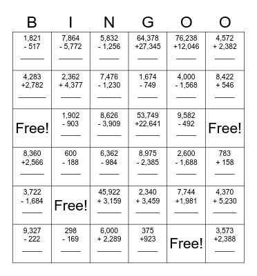 Addition and Subtraction Bingo-o Bingo Card