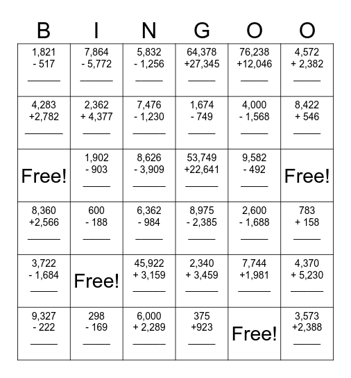 Addition and Subtraction Bingo-o Bingo Card