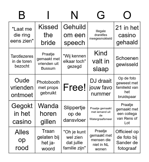 Huwelijks Bingo Card