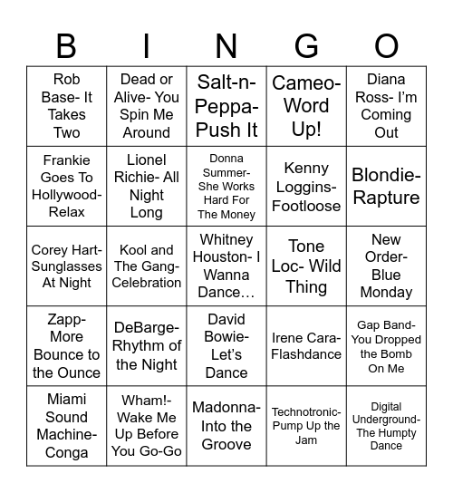 Radio Bingo 80's Nightclub Bangers Bingo Card
