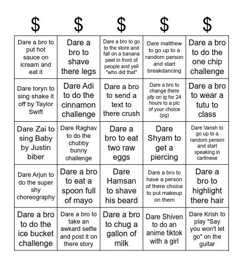 Dare a Bro Bingo Card