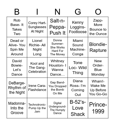 Radio Bingo 80's Night Club Bangers Bingo Card