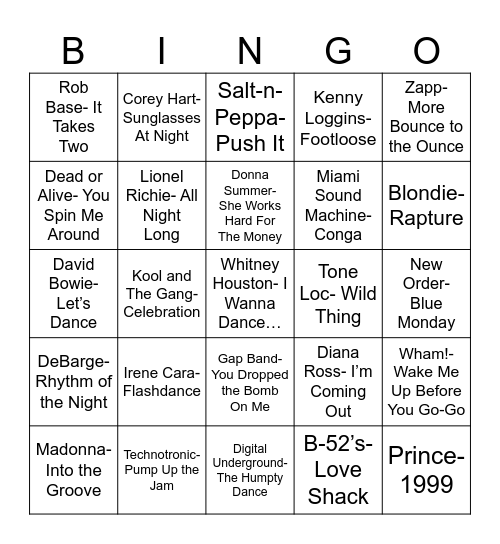 Radio Bingo 80's Night Club Bangers Bingo Card
