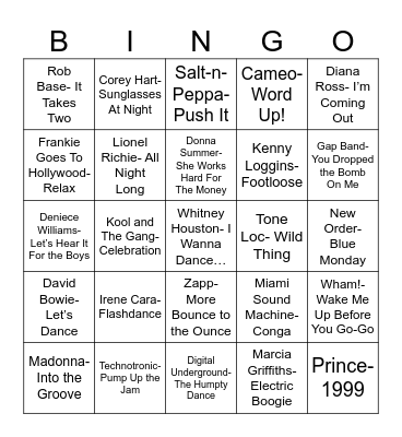 Radio Bingo 80's Night Club Bangers Bingo Card