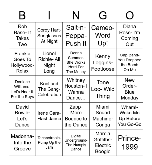 Radio Bingo 80's Night Club Bangers Bingo Card