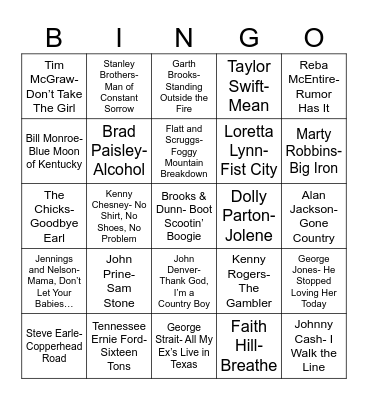 Radio Bingo Country Bingo Card