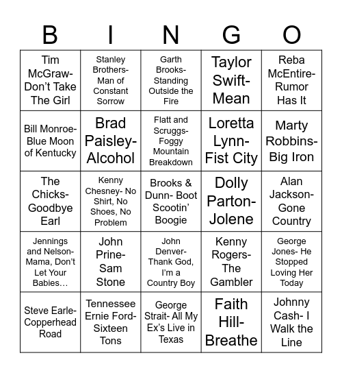 Radio Bingo Country Bingo Card