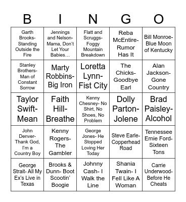 Radio Bingo Country Bingo Card