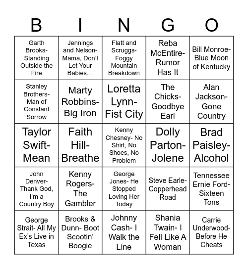 Radio Bingo Country Bingo Card