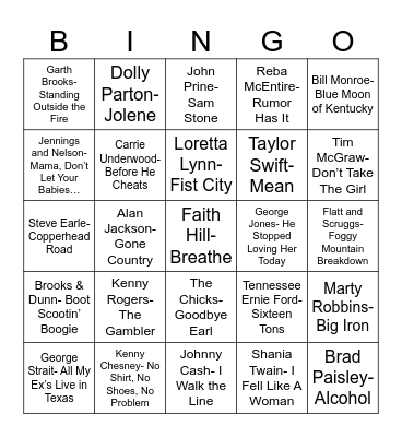 Radio Bingo Country Bingo Card