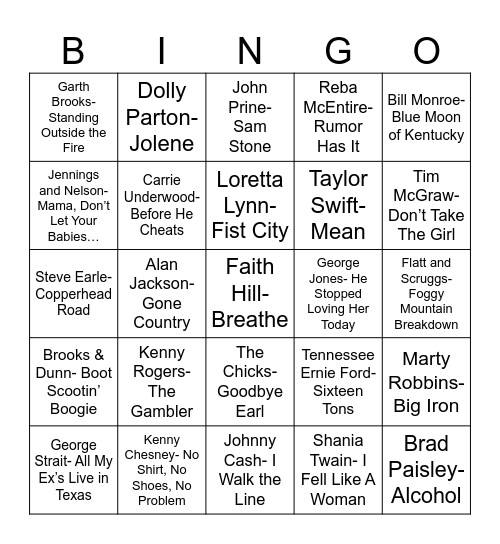 Radio Bingo Country Bingo Card