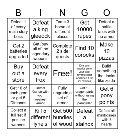 Tears of the kingdom Bingo Card