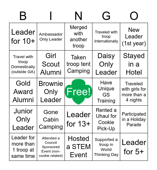 Girl Scout Leader Bingo Card