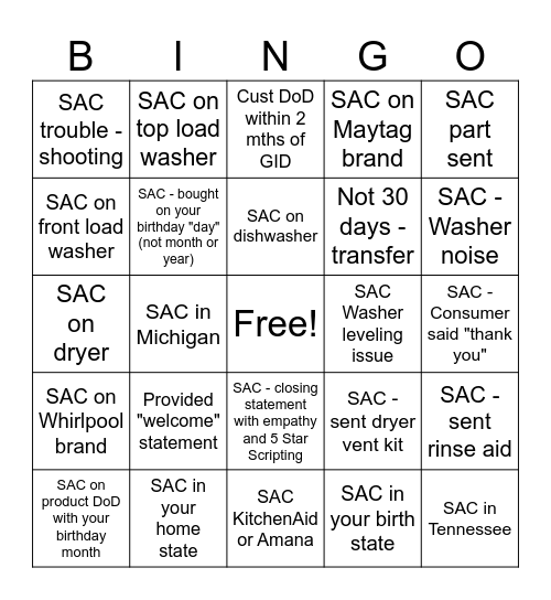 SAC Bingo Card