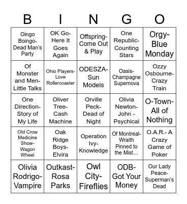 Radio Bingo Music O's Bingo Card