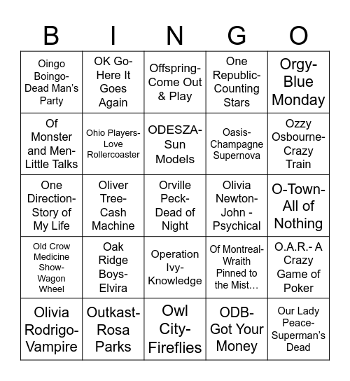 Radio Bingo Music O's Bingo Card