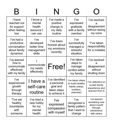 Mental Health Bingo Card