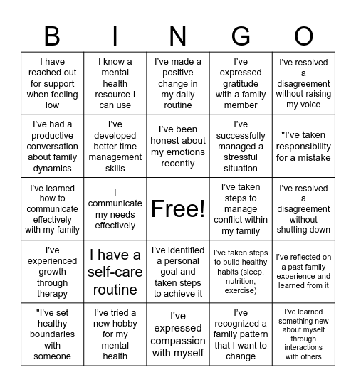 Mental Health Bingo Card