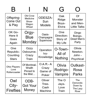 Radio Bingo Music O's Bingo Card
