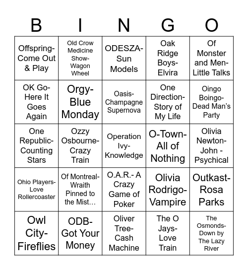 Radio Bingo Music O's Bingo Card