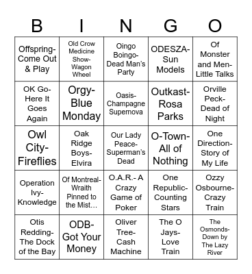 Radio Bingo Music O's Bingo Card