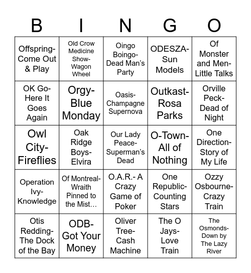 Radio Bingo Music O's Bingo Card