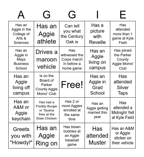 AGGIE MOM BINGO - FIND SOMEONE WHO: Bingo Card