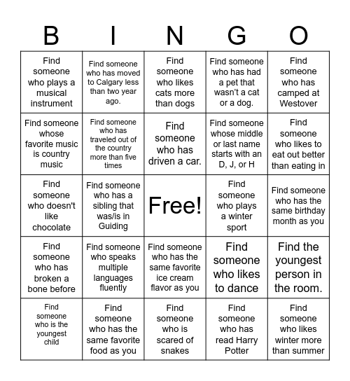 Get to Know Each Other Bingo Card