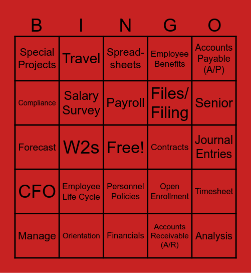 Finance Department Bingo Card