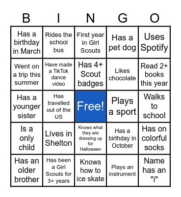 Camp Sikorsky Girl Scouts Bingo Card