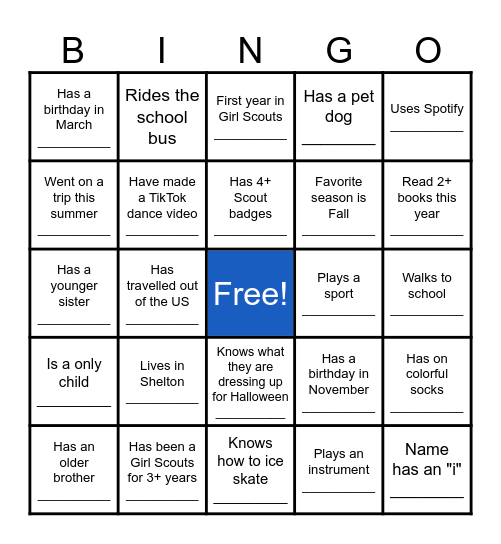 Camp Sikorsky Girl Scouts Bingo Card