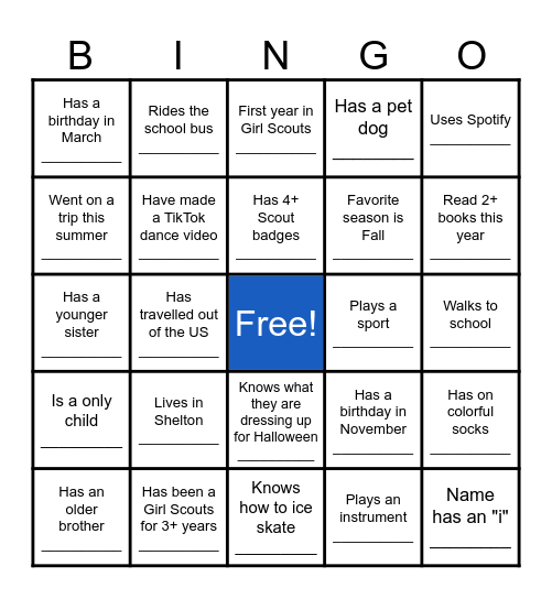 Camp Sikorsky Girl Scouts Bingo Card