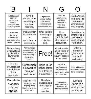 Acts of Kindness Bingo Card