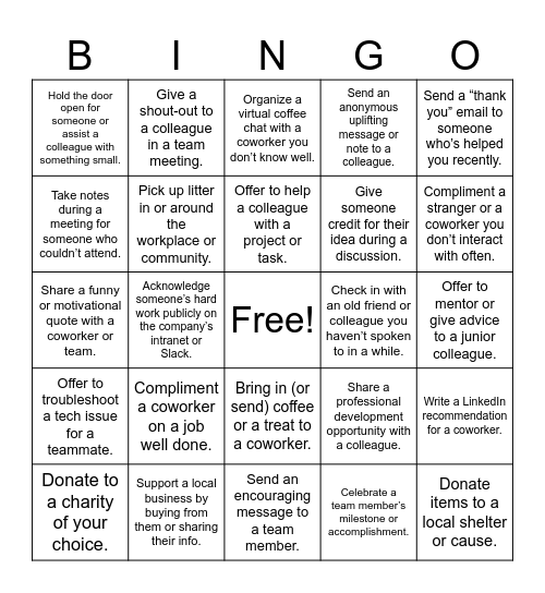 Acts of Kindness Bingo Card