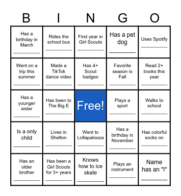 Camp Sikorsky Girl Scouts Bingo Card