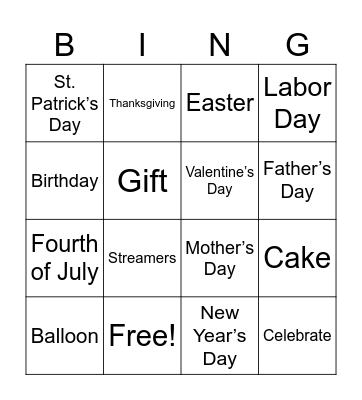 Holidays Bingo Card